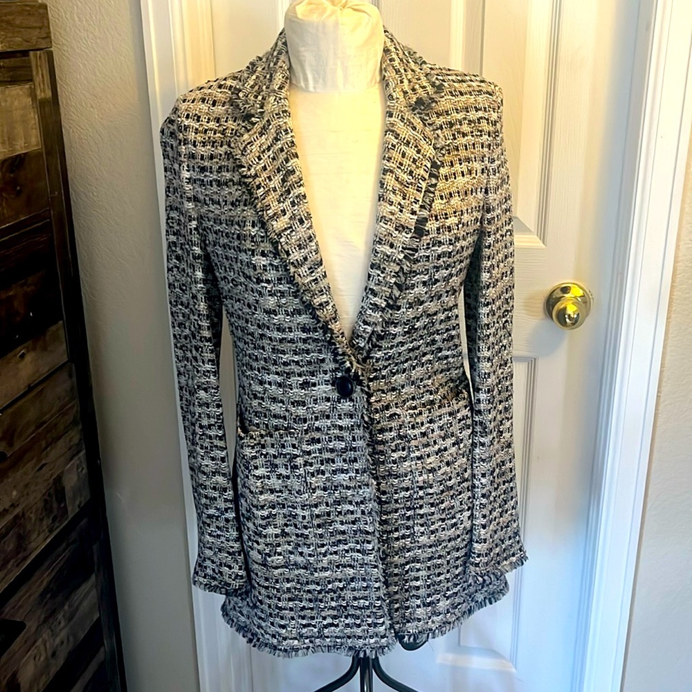 St John jacket. Tan , black and white. Great fringe details